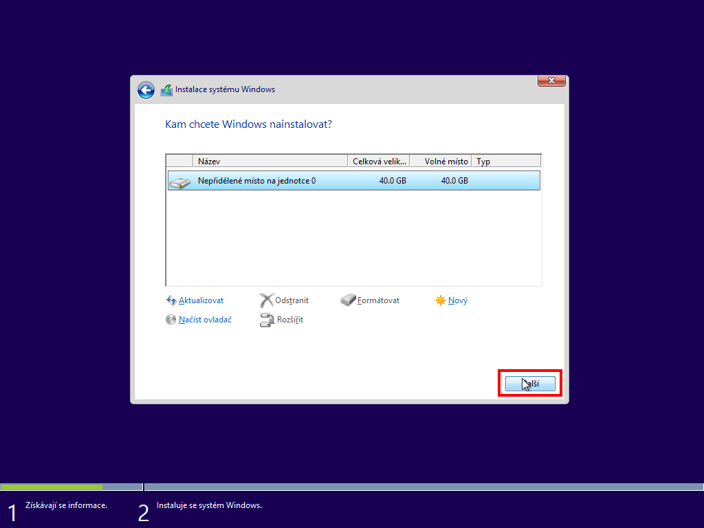výběr a rozdělení disku při instalaci windows 8.1